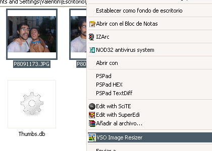 Captura de pantalla del menú contextual de un archivo JPEG con el VSO Image Resizer instalado.